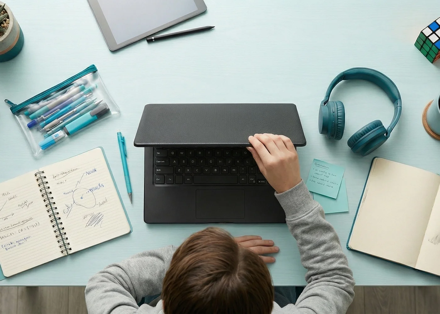Student studying at desk with laptop